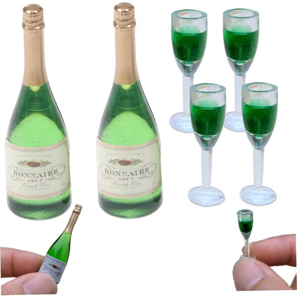 PVC-Mini-Wein- und Gläser-Set für Puppenhaus 1:12 – 6 grüne Teile