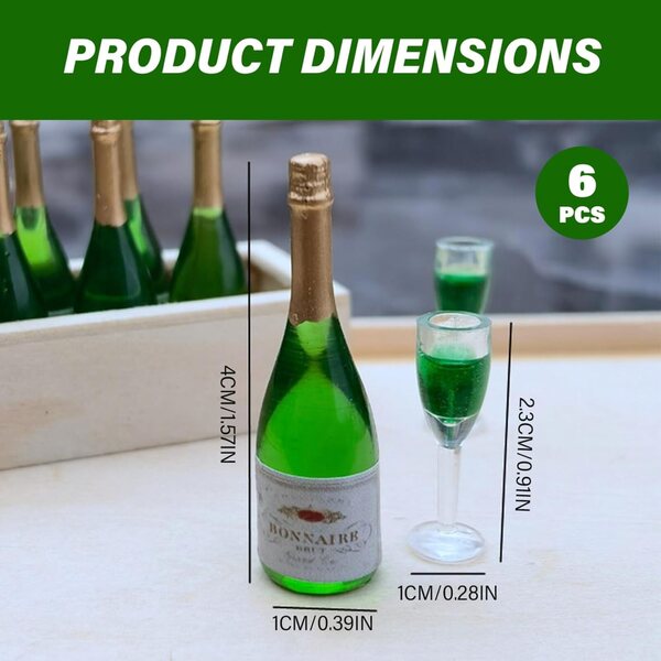 PVC-Mini-Wein- und Gläser-Set für Puppenhaus 1:12 – 6 grüne Teile