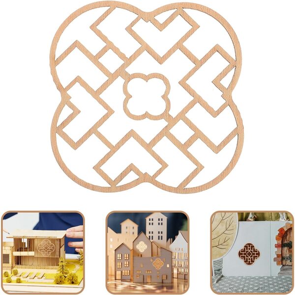 Fensterminiaturen aus Holz im chinesischen Stil für Puppenhäuser – 4er-Set