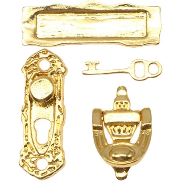 Set mit 4 Miniaturknöpfen, Schlössern und Schlüsseln aus Legierung für Puppenhäuser im Maßstab 1:12