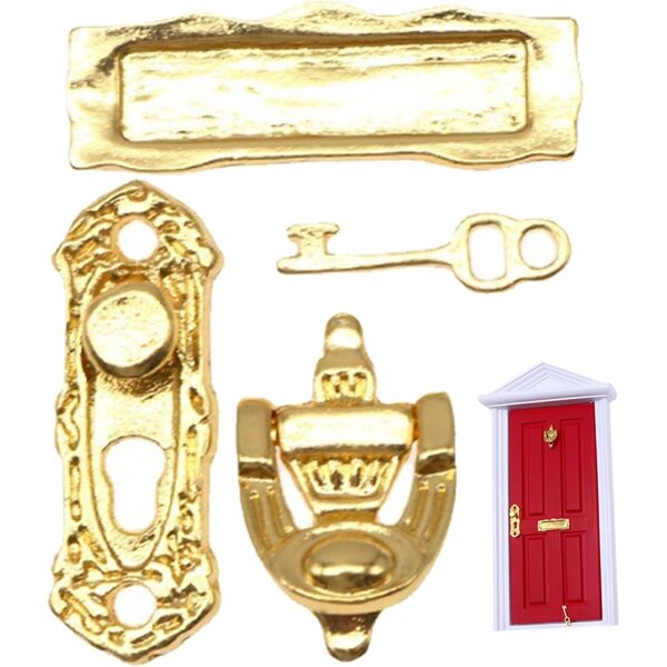 Set mit 4 Miniaturknöpfen, Schlössern und Schlüsseln aus Legierung für Puppenhäuser im Maßstab 1:12