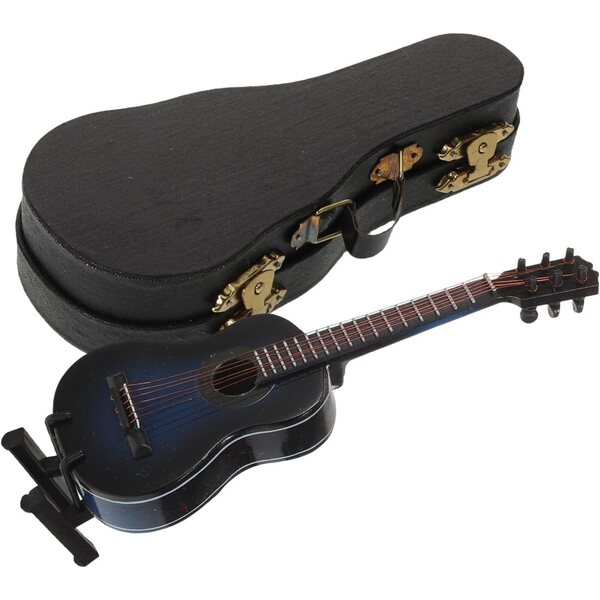 Miniatura chitarra classica blu con supporto e custodia, modello decorativo di qualità