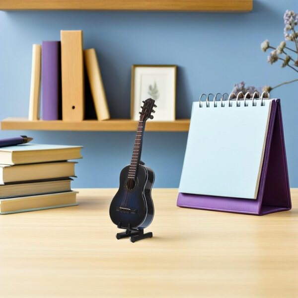 Miniatura chitarra classica blu con supporto e custodia, modello decorativo di qualità