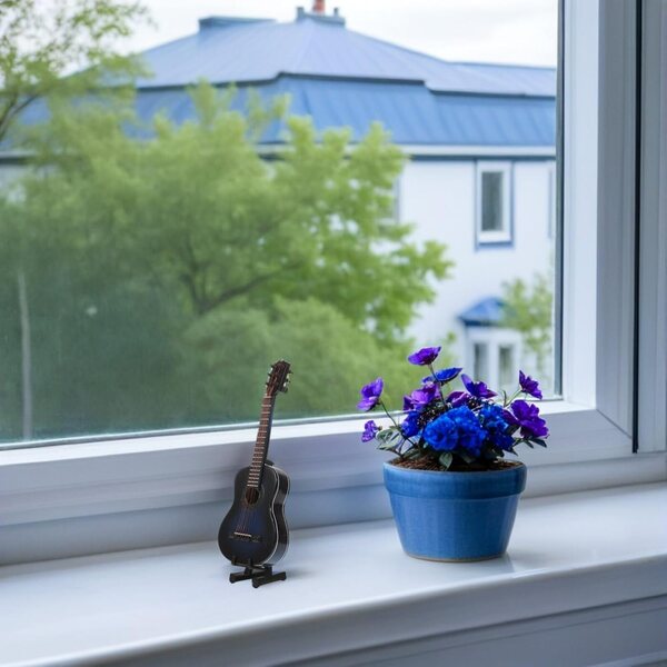 Miniatura chitarra classica blu con supporto e custodia, modello decorativo di qualità