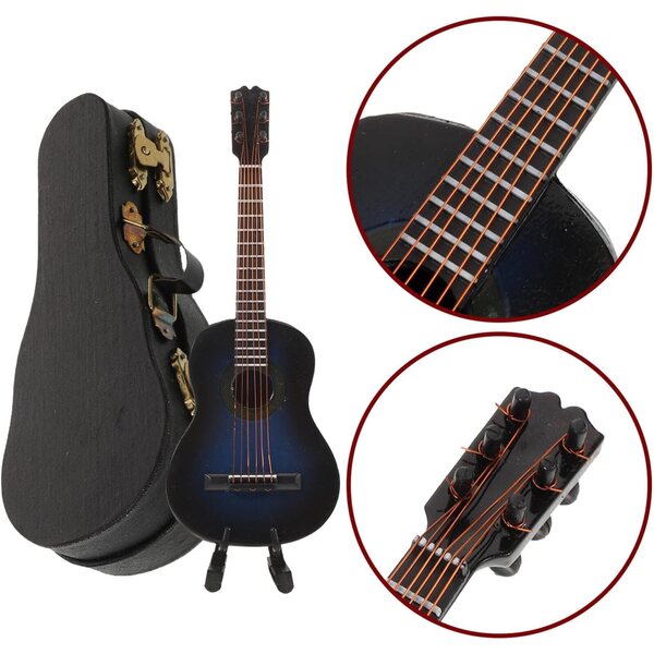 Miniatura chitarra classica blu con supporto e custodia, modello decorativo di qualità