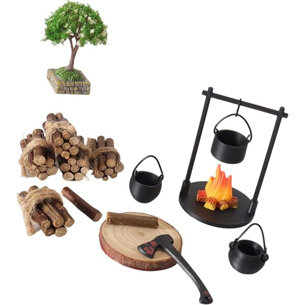 Puppenhaus-Miniatur-Campingzubehör-Set mit Lagerfeuer und detailliertem Holz
