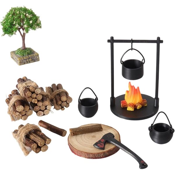 Puppenhaus-Miniatur-Campingzubehör-Set mit Lagerfeuer und detailliertem Holz
