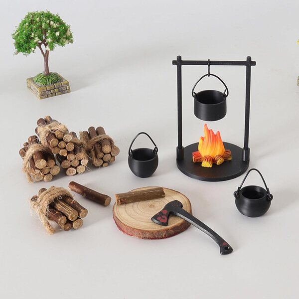 Puppenhaus-Miniatur-Campingzubehör-Set mit Lagerfeuer und detailliertem Holz