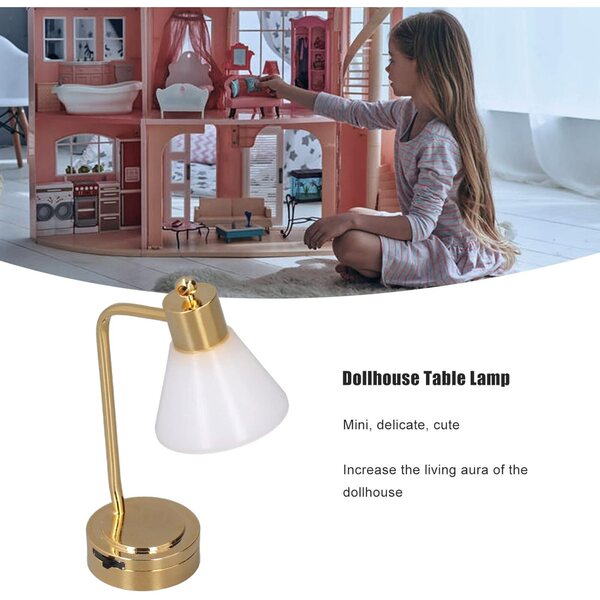 Lampada da Tavolo Miniatura LED per Casa delle Bambole Scala 1/12, con Base Dorata e Paralume Bianco