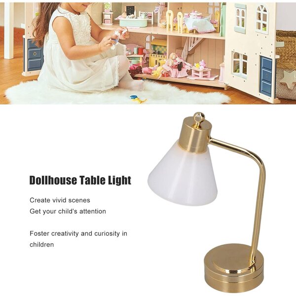 Lampada da Tavolo Miniatura LED per Casa delle Bambole Scala 1/12, con Base Dorata e Paralume Bianco