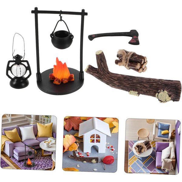 Miniatur-Hängekamin-Set mit Holz für Puppen und Outdoor-Dekorationen