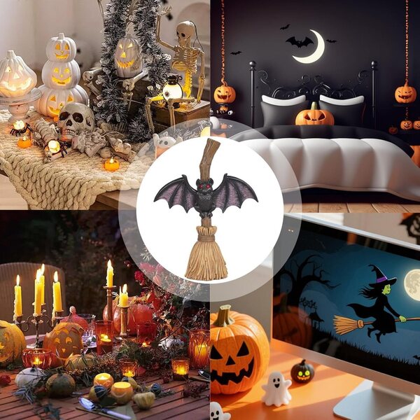 Decorazione Halloween Hexenbesen in Resina per Interni - Deko da Tavolo Spettrale 16x4,8 cm