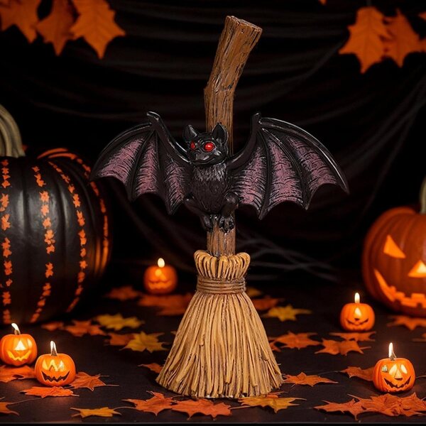 Decorazione Halloween Hexenbesen in Resina per Interni - Deko da Tavolo Spettrale 16x4,8 cm