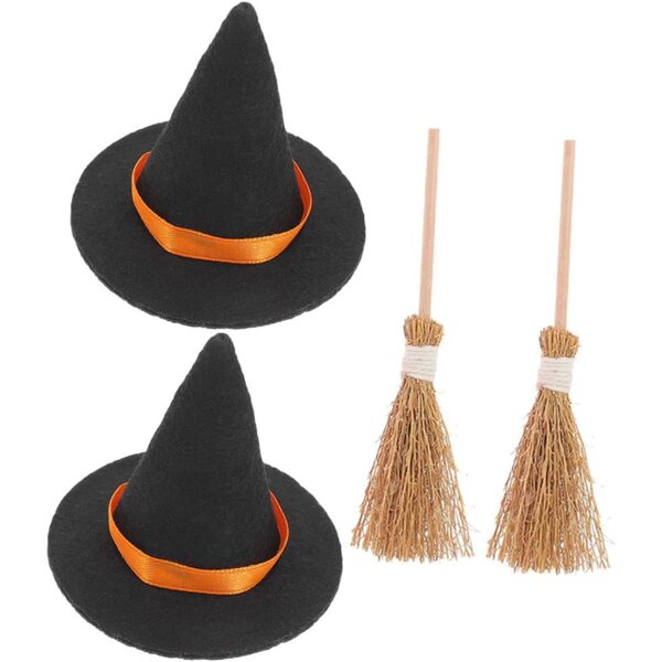 Miniatur-Hexenhüte und Besen-Set für Halloween-Dekorationen, 2-teilig
