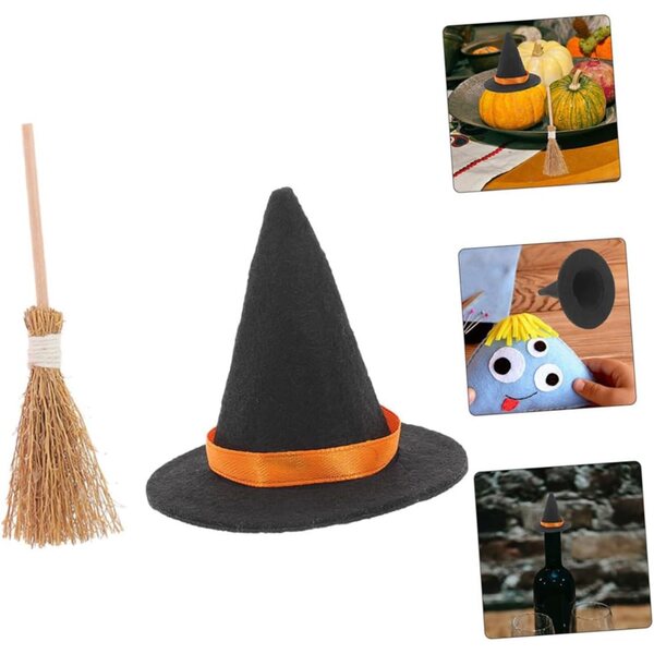 Miniatur-Hexenhüte und Besen-Set für Halloween-Dekorationen, 2-teilig