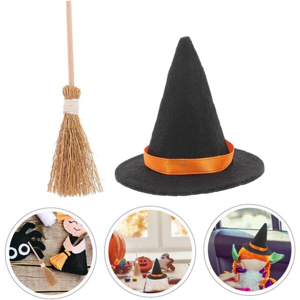 Miniatur-Hexenhüte und Besen-Set für Halloween-Dekorationen, 2-teilig