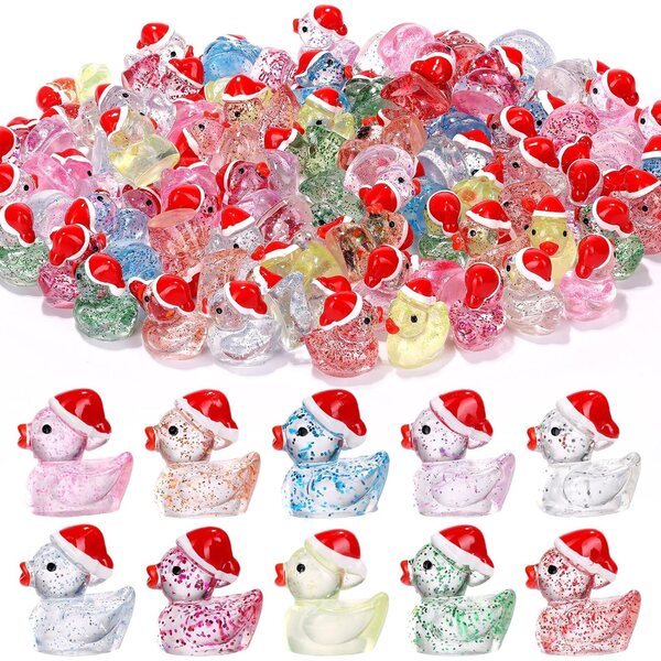 Mini-Weihnachtsenten mit glitzerndem Harz und rotem Hut, 80 dekorative Teile