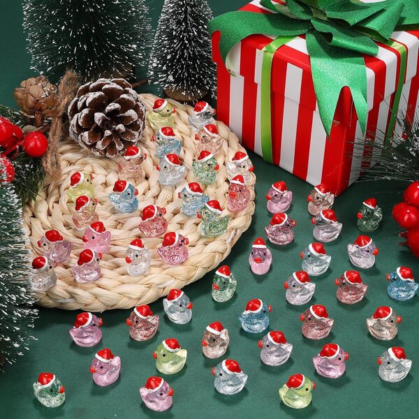 Mini-Weihnachtsenten mit glitzerndem Harz und rotem Hut, 80 dekorative Teile
