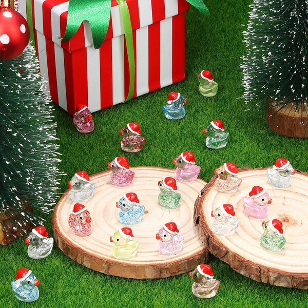 Mini-Weihnachtsenten mit glitzerndem Harz und rotem Hut, 80 dekorative Teile