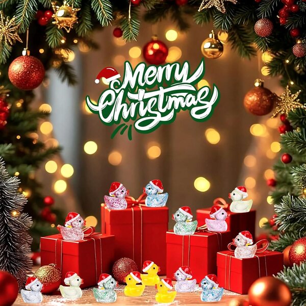 Mini-Weihnachtsenten mit glitzerndem Harz und rotem Hut, 80 dekorative Teile