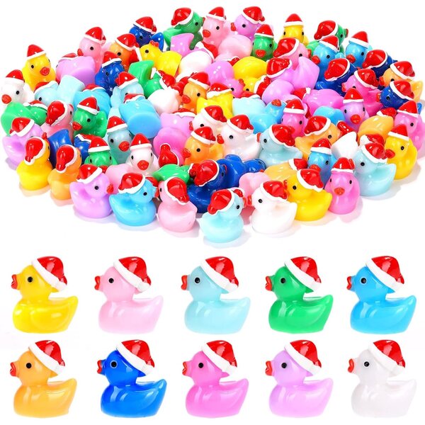 Mini-Enten aus Kunstharz, 80 Stück, 10 Farben, mit Weihnachtsmütze für festliche Dekorationen