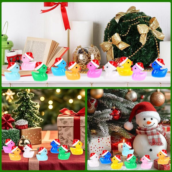 Mini-Enten aus Kunstharz, 80 Stück, 10 Farben, mit Weihnachtsmütze für festliche Dekorationen