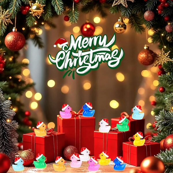 Mini-Enten aus Kunstharz, 80 Stück, 10 Farben, mit Weihnachtsmütze für festliche Dekorationen