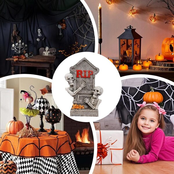 Miniatura Grabstone Halloween in Resina con Teschio | Decorazione Horror Artigianale