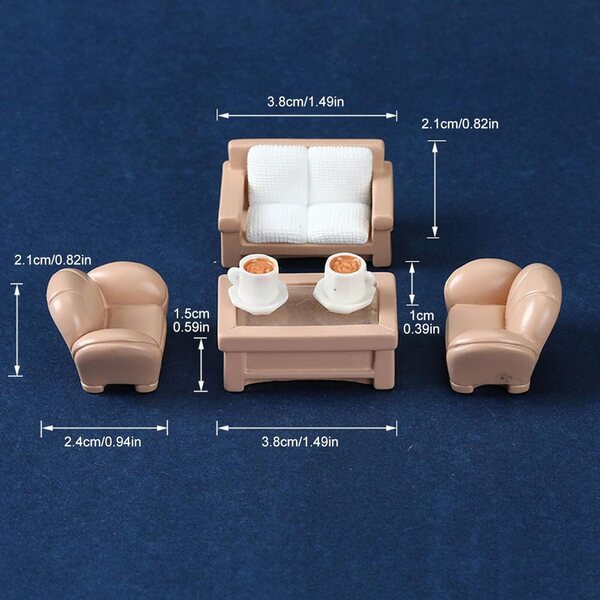 Miniatur-Holzmöbelset für 1/12 Puppenhaus: Sofa, Tisch, Stühle und Zubehör