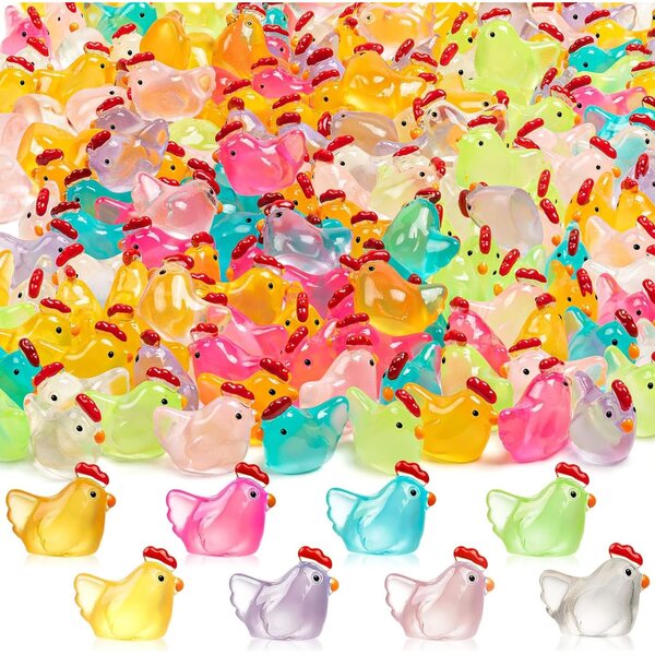 360 mini personaggi di galline in resina, che brillano al buio, decorazioni colorate per la casa delle bambole e il giardino