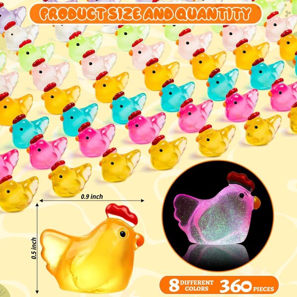 360 mini personaggi di galline in resina, che brillano al buio, decorazioni colorate per la casa delle bambole e il giardino