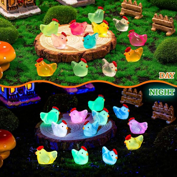 360 mini personaggi di galline in resina, che brillano al buio, decorazioni colorate per la casa delle bambole e il giardino