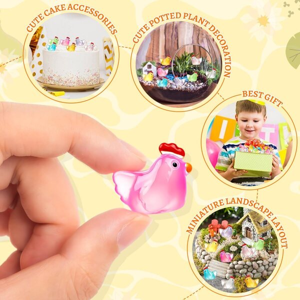 360 mini personaggi di galline in resina, che brillano al buio, decorazioni colorate per la casa delle bambole e il giardino