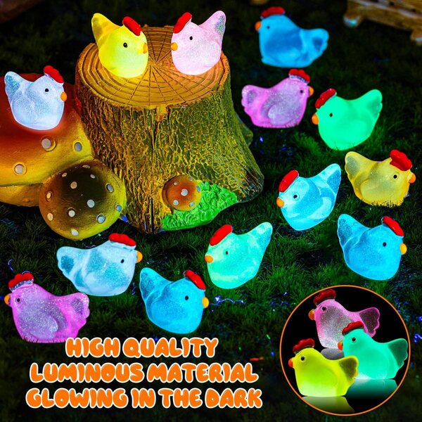 360 mini personaggi di galline in resina, che brillano al buio, decorazioni colorate per la casa delle bambole e il giardino