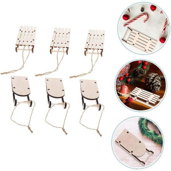 Set 6 Mini Slitte in Legno non Verniciate per Decorazioni Natalizie e Festive