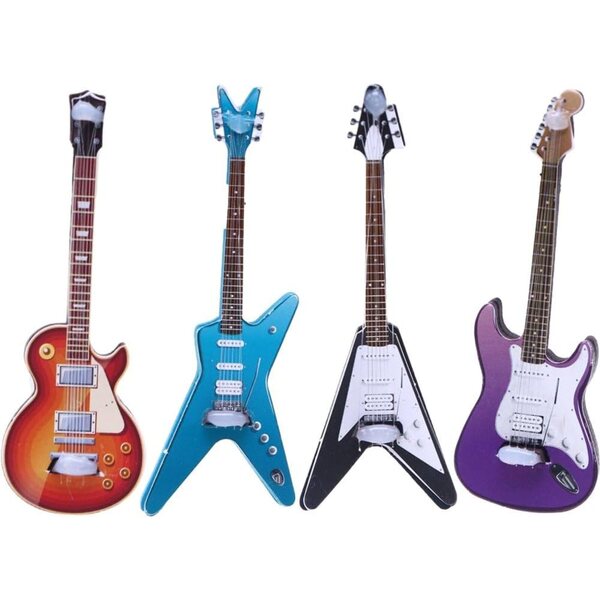 Set mit 4 Mini-E-Gitarren aus Holz für Puppenhaus-Dekoration und Mini-Musik