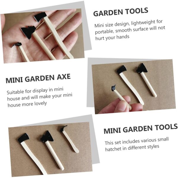 ibasnice Set 3 Mini Asce da Giardino in Lega e Legno per Miniature e Pupazzi