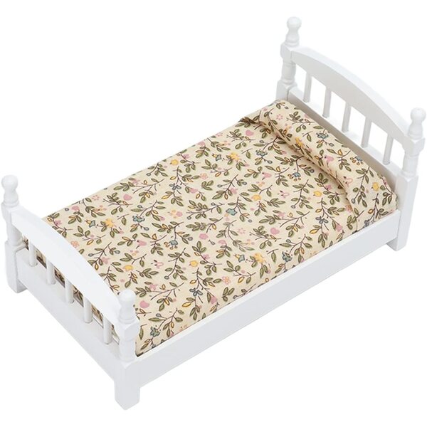 Letto in legno per casa delle bambole in scala 1:12 con materasso e cuscini