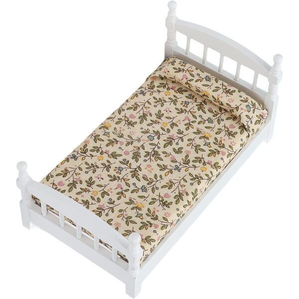 Letto in legno per casa delle bambole in scala 1:12 con materasso e cuscini