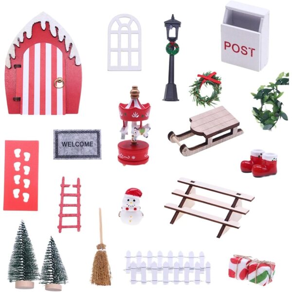 Set Miniature Natalizie per Casa delle Bambole in Legno 1:12 con Alberelli e Pupazzo di Neve