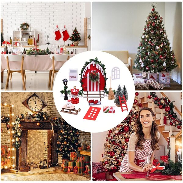 Set Miniature Natalizie per Casa delle Bambole in Legno 1:12 con Alberelli e Pupazzo di Neve