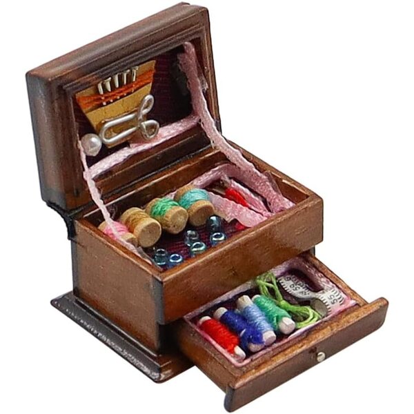 Miniatura cestino da cucito in legno per casa delle bambole 1:12 vintage e realistico