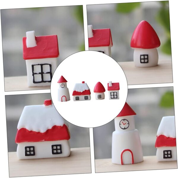 ibasencice Miniature Case Modelli Decorativi Casa in Resina 4 Pezzi Bianchi e Rossi