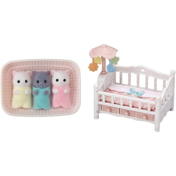 Sylvanian Families Perserkatzen-Drillinge mit Korb und Kinderbett mit Mobile