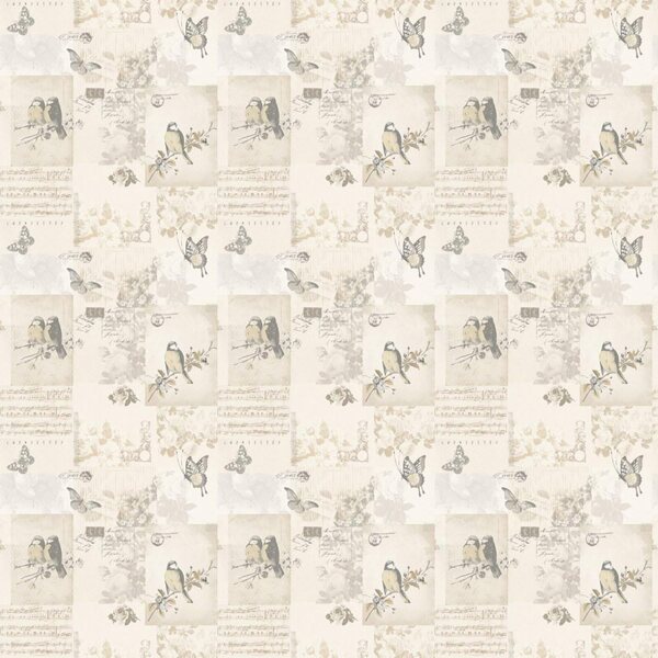 Carta da parati per casa delle bambole MyTinyWorld beige con uccelli e farfalle 1:12