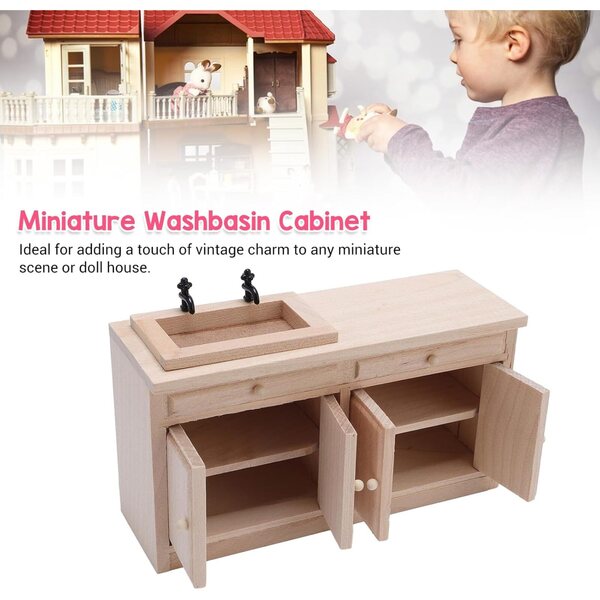 Miniatura Lavabo con Mobile in Legno di Betulla Scala 1:12 per Casa delle Bambole
