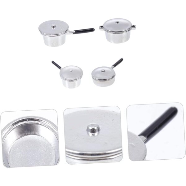 Set mit 4 Miniatur-Eisentöpfen für Puppenhausdekorationen in Silber