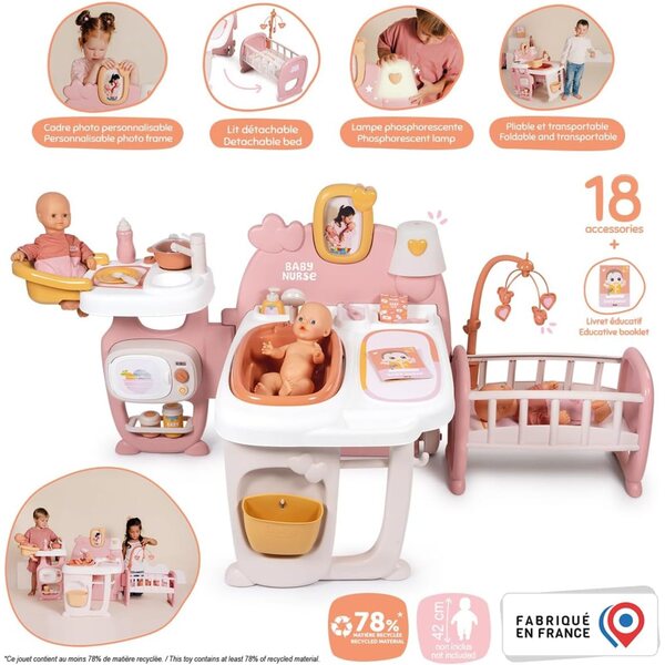 Smoby Baby Nurse centro gioco per bambole 3-in-1 con 19 Accessori in Plastica Riciclata