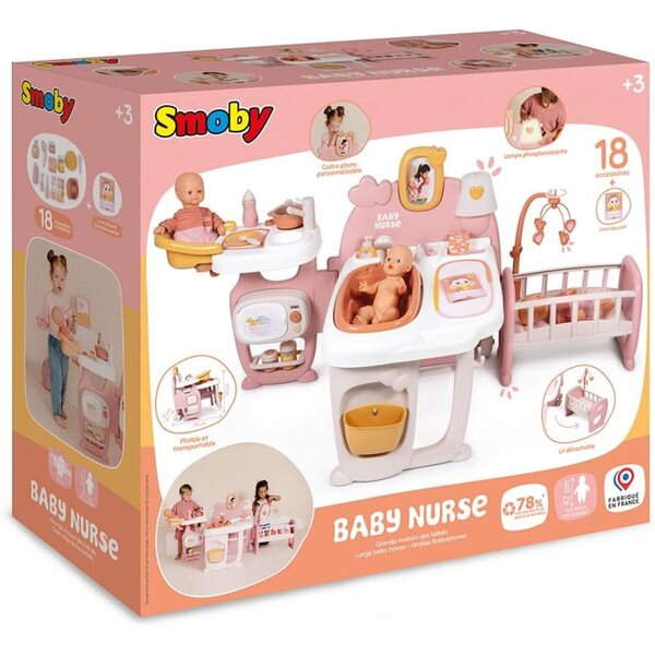 Smoby Baby Nurse centro gioco per bambole 3-in-1 con 19 Accessori in Plastica Riciclata