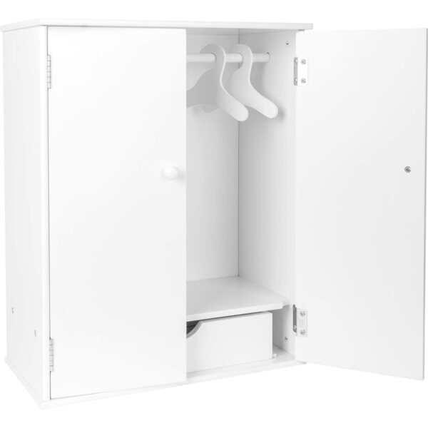 bamboleschrank in legno bianco con accessori, armadio per bambole con gruccia e cassetto